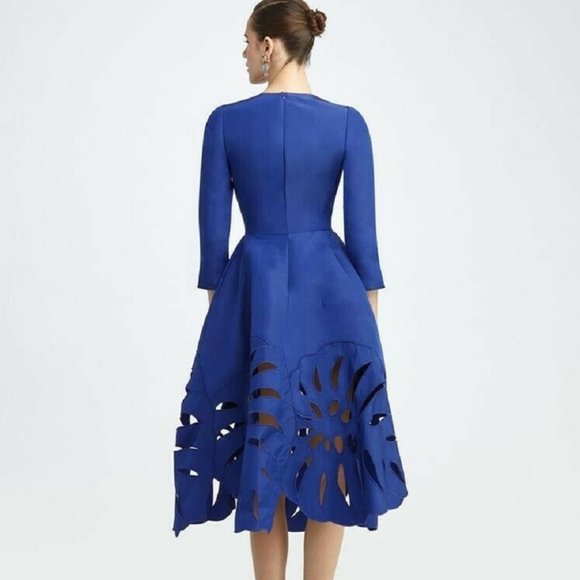 °$4,590 NEW OSCAR DE LA RENTA BLUE SILK LEAF MIDI DRESS US 8 - Picture 3 of 12